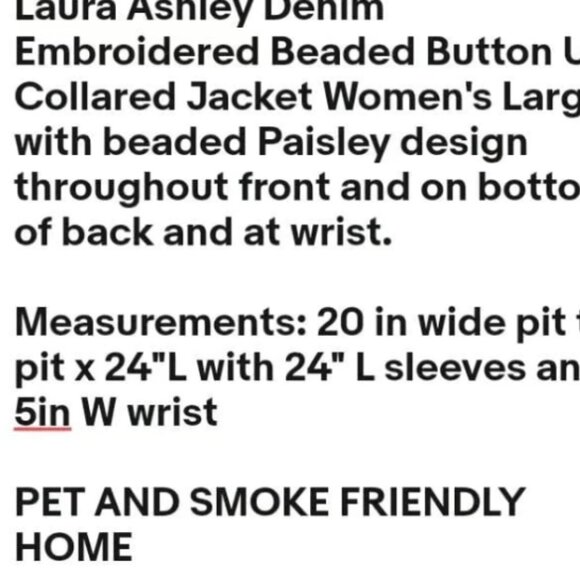 Laura Ashley Denim Embroidered Beaded Button Up Women's Large Jacket 20"W x 24"L - Picture 2 of 7